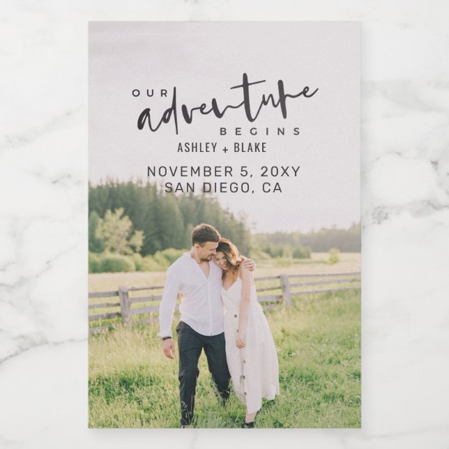 Unser Abenteuer beginnt Skript-Foto Save the Date Lebensmitteletikett (Einzelnes Label)
