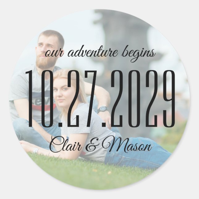 Unser Abenteuer fängt Foto Save the Date Sticker (Vorderseite)