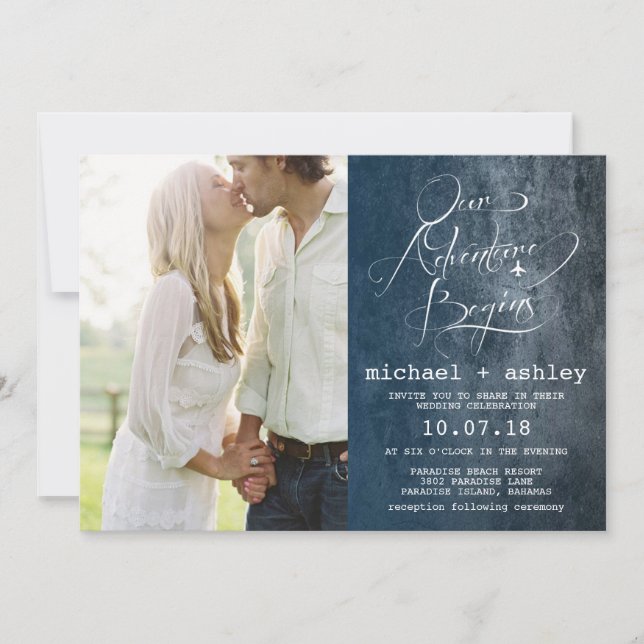 Unser Abenteuer fängt Wedding Einladung mit Foto (Vorderseite)