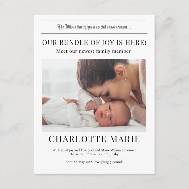 Unser "Bundle of Joy" ist hier, die Geburtsankündi Postkarte (Vorderseite)