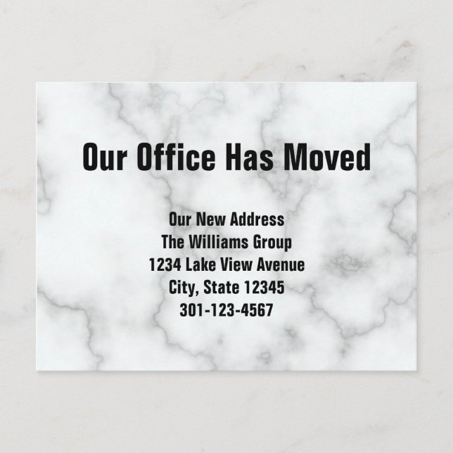 Unser Büro hat Imitate Marmorverkündung verschoben Ankündigungspostkarte (Vorderseite)