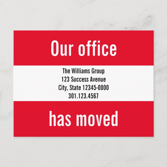 Unser Büro hat sich in hellen Rot- und Weißbewegun Ankündigungspostkarte (Vorderseite)
