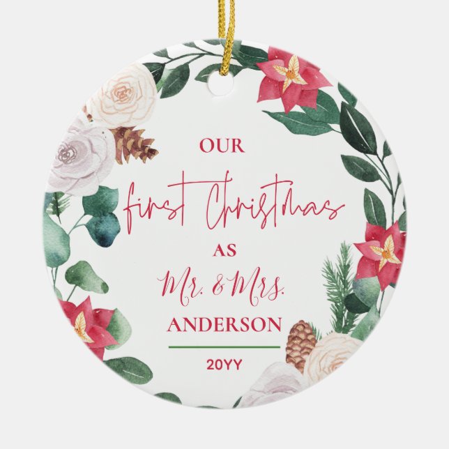 Unser Erster Weihnachtsmann & Mrs. Floral Wreath F Keramik Ornament (Vorne)