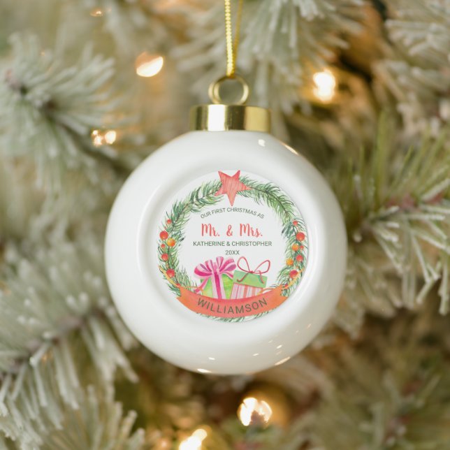 Unser Erster Weihnachtsmann & Mrs. Hübsch Wreath Keramik Kugel-Ornament (Baum)