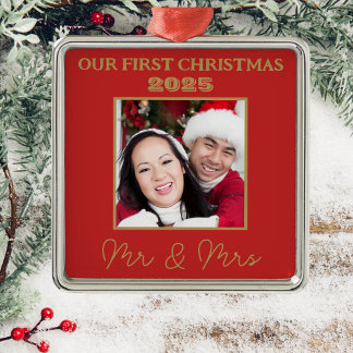 Unser erster Weihnachtsmann und Frau Foto Red and Ornament Aus Metall