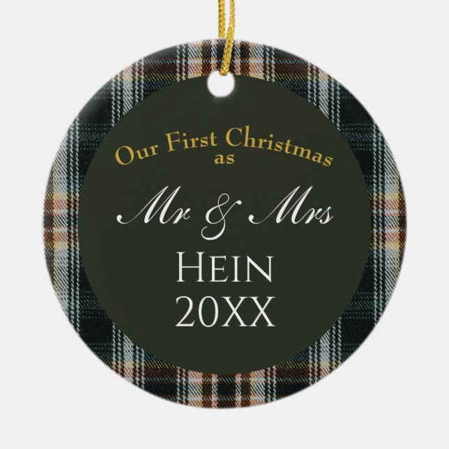 Unser Erster Weihnachtsmann und Frau Green Kariert Keramik Ornament (Vorne)