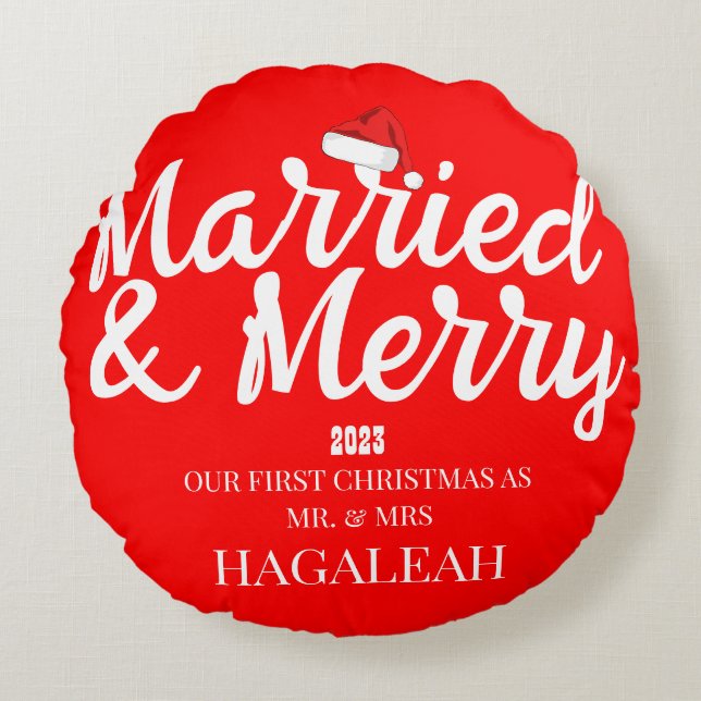 Unser erster Weihnachtsmann und Frau Newlywed fror Rundes Kissen (Vorderseite)