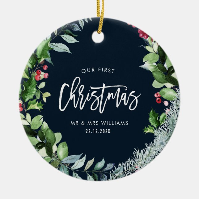 unser erster Weihnachtswinterkranz Keramik Ornament (Vorne)