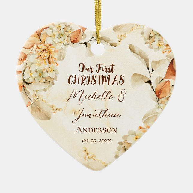 Unser erstes CHRISTMAS Herbst Blumenherz Keramik Ornament (Vorne)