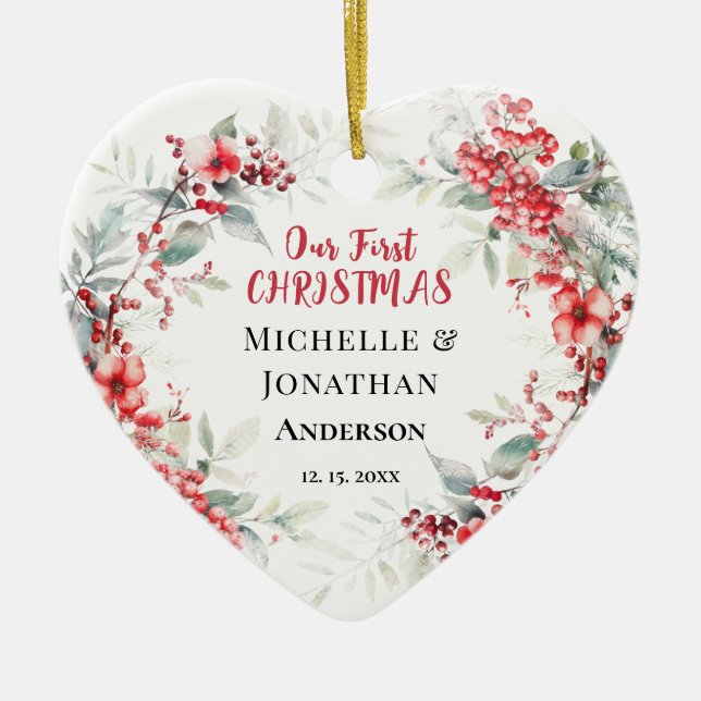Unser erstes CHRISTMAS Winter-Blumenherz Keramik Ornament (Vorne)