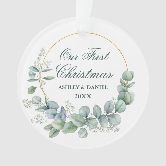 Unser erstes Eucalyptus-Weihnachten  grünes FOTO Ornament (Vorderseite)