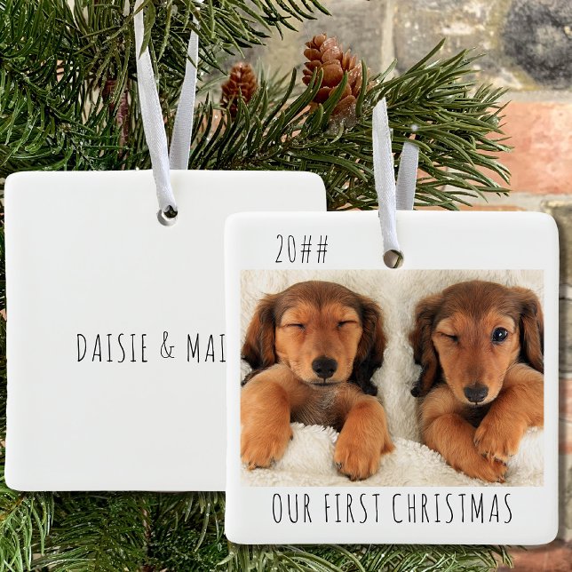 Unser erstes Foto für Welpen Keramikornament (Puppy first christmas keepsake ornament with 2 photos and name(s) on the back)