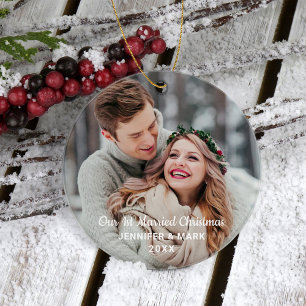 Unser erstes verheiratetes modernes Hochzeitsfoto Keramik Ornament
