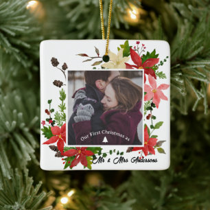 Unser erstes Verheiratetes Poinsettia-Foto Keramikornament