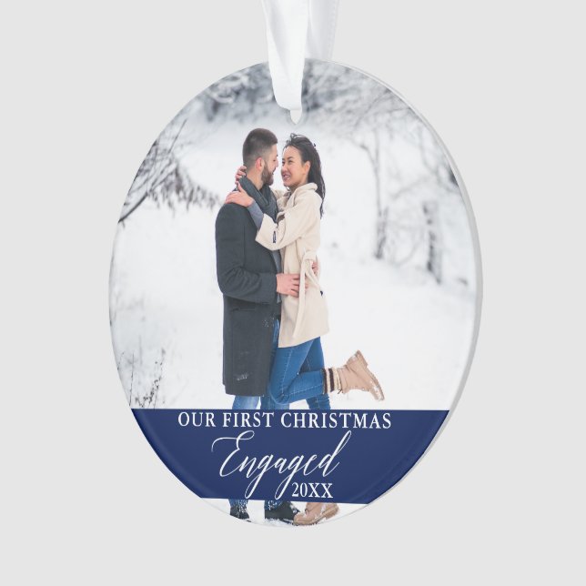 Unser erstes Verlobtes Foto zu Weihnachten Blue Ornament (Vorderseite)