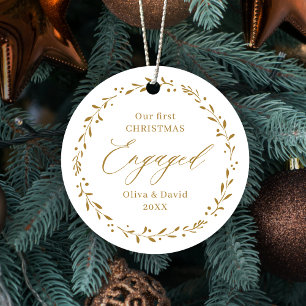 Unser erstes verlobtes Weihnachten Gold Botanical Ornament Aus Metall