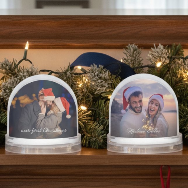 Unser erstes Weihnachten 2 Foto Schneeglobe Schneekugeln (2-photo Our First Christmas snowglobe for newlywed couples, with custom text and custom names)