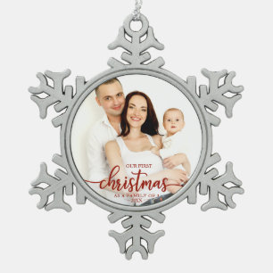 Unser erstes Weihnachten als Familie zu dritt rote Schneeflocken Zinn-Ornament