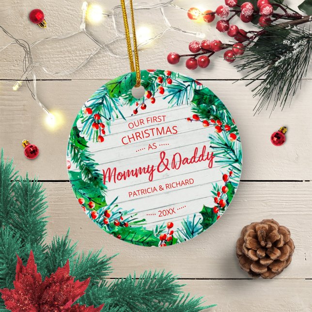 Unser erstes Weihnachten als Mommy & Daddy Rustic  Keramik Ornament (Von Creator hochgeladen)