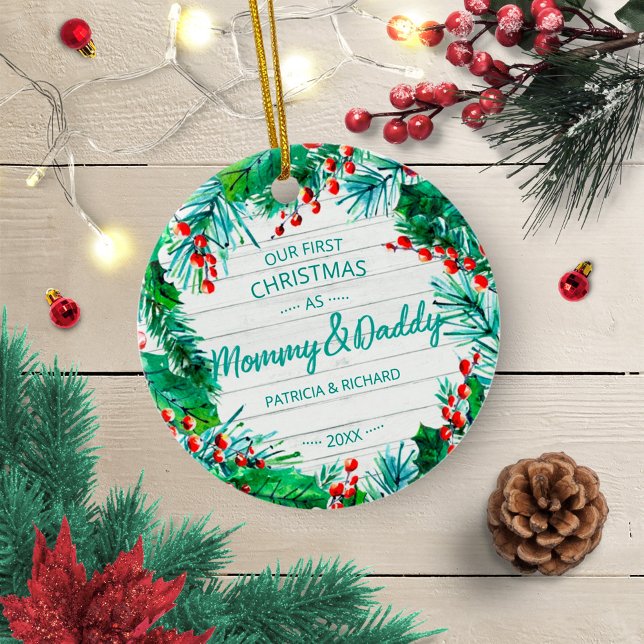 Unser erstes Weihnachten als Mommy & Daddy Rustic  Keramik Ornament (Von Creator hochgeladen)