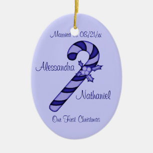 "Unser erstes Weihnachten" - Blue Striped Candy Ca Keramik Ornament