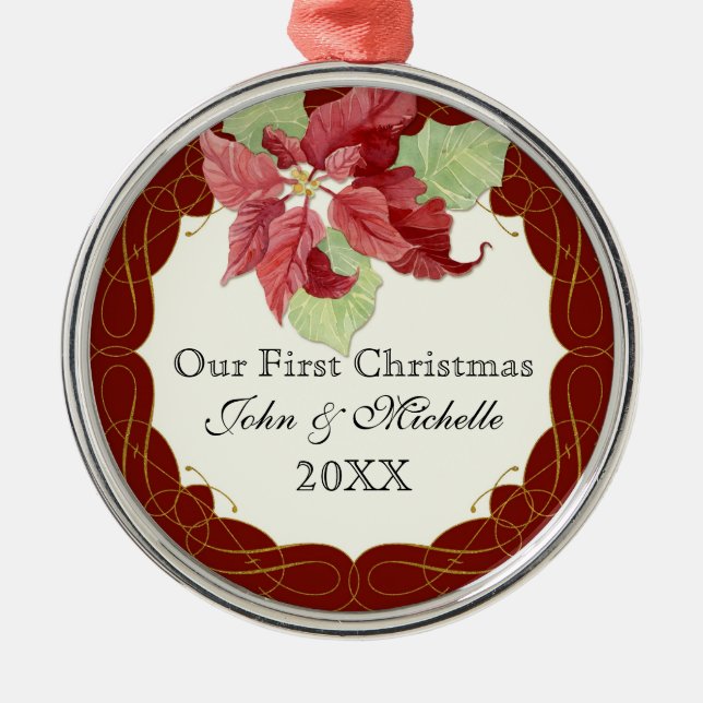 Unser erstes Weihnachten gemeinsam mit Poinsettia  Silbernes Ornament (Vorne)