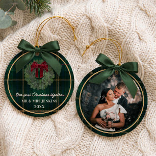 Unser erstes Weihnachten Grün kariert Foto Keramik Ornament