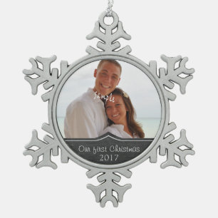 Unser erstes Weihnachten mit Foto Schneeflocken Zinn-Ornament