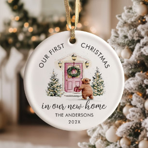 Unser erstes Weihnachten neues Haus rosa Tür Keramik Ornament