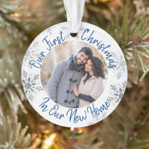 Unser erstes Weihnachten neues Zuhause Blau und Si Ornament