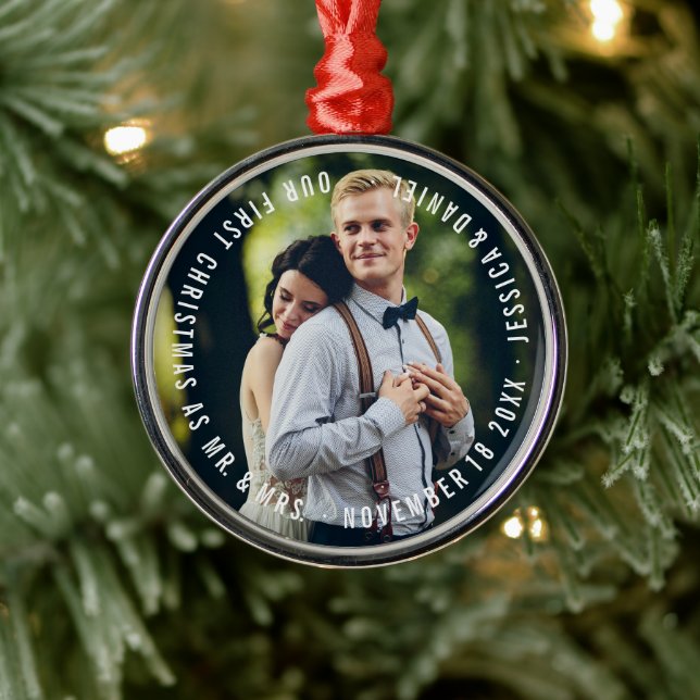 "Unser erstes Weihnachten" Newlyweds Foto Silbernes Ornament (Baum)