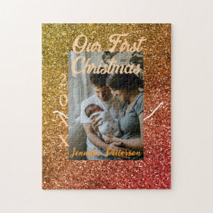 Unser erstes Weihnachten orange roter Glitter-Foto