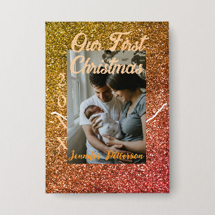 Unser erstes Weihnachten orange roter Glitter-Foto Button