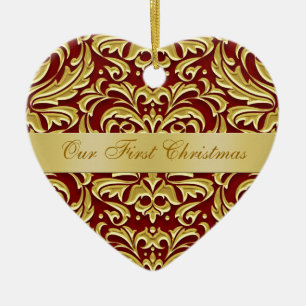 Unser erstes Weihnachten Rot Gold Damast-Ornament Keramikornament
