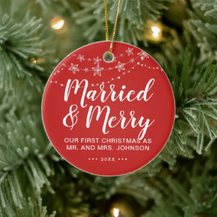 Unser erstes Weihnachten verheiratet und fröhlich  Keramik Ornament