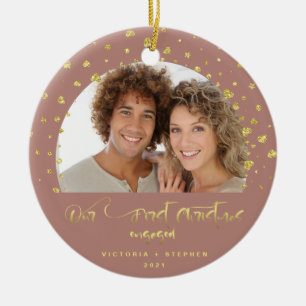 Unser erstes Weihnachten verlobt Foto Goldene Herz Keramik Ornament