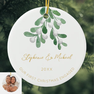 Unser erstes Weihnachten verlobt Mistelzweig Gold Keramik Ornament