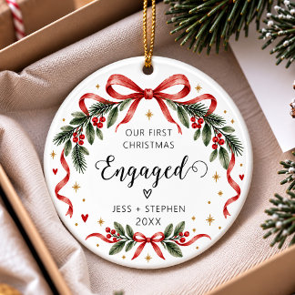 Unser erstes Weihnachten verlobt Rote Schleife Keramik Ornament