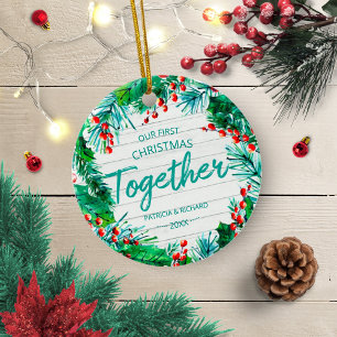 Unser erstes Weihnachten zusammen Rustikaler Kranz Keramik Ornament