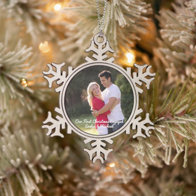Unser erstes Weihnachts-Coupé-Foto Schneeflocken Zinn-Ornament (Baum)