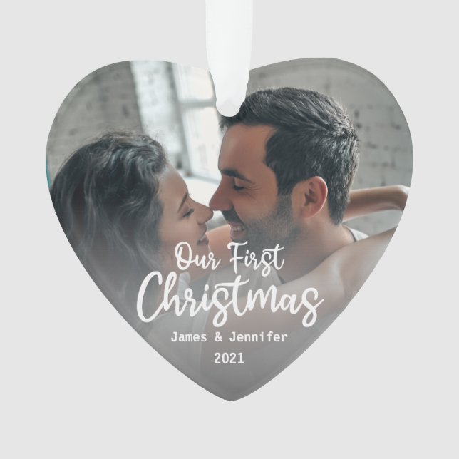 Unser erstes Weihnachts Custom Couple Names & Foto Ornament (Vorderseite)