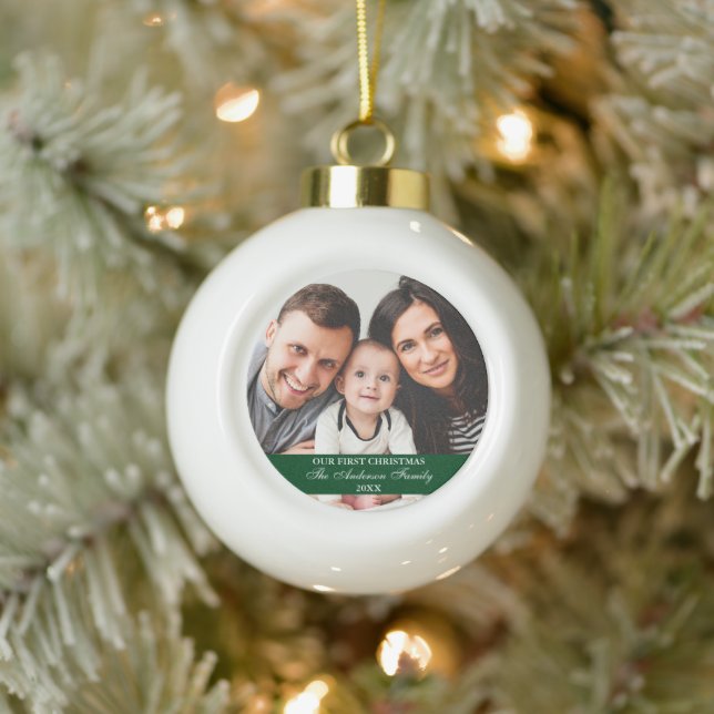 Unser erstes Weihnachts-Foto Grün Keramik Kugel-Ornament (Baum)
