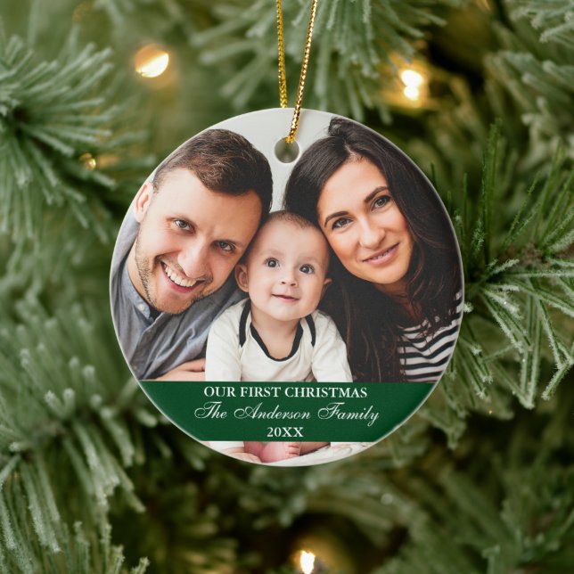 Unser erstes Weihnachts-Foto Grün Keramik Ornament (Baum)