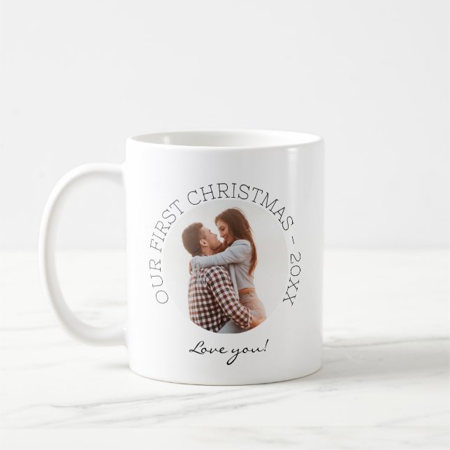 Unser erstes Weihnachts-Foto Minimal Einfache Lieb Kaffeetasse (Links)