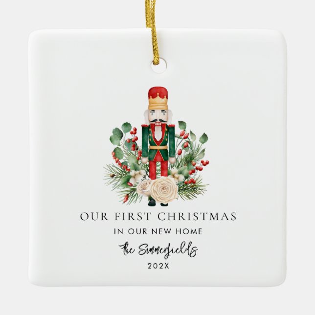 Unser erstes Weihnachts-Foto New Zuhause Nutcracke Keramikornament (Vorderseite)