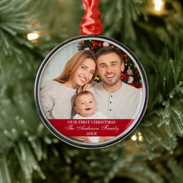 Unser erstes Weihnachts-Foto Rot Ornament Aus Metall (Baum)