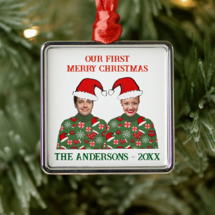 Unser erstes Weihnachts-Funny-Foto Ugly Sweater Ornament Aus Metall