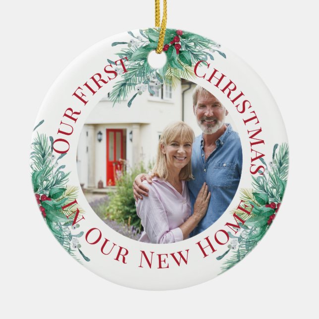 Unser erstes Weihnachts-neues Zuhause Custom Foto  Keramik Ornament (Vorne)