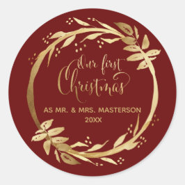 Unser erstes Weihnachts-Newlyweds Gold Burgund Runder Aufkleber