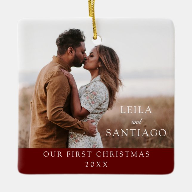 Unser erstes Weihnachts-Newlywings-Foto Keramikornament (Vorderseite)